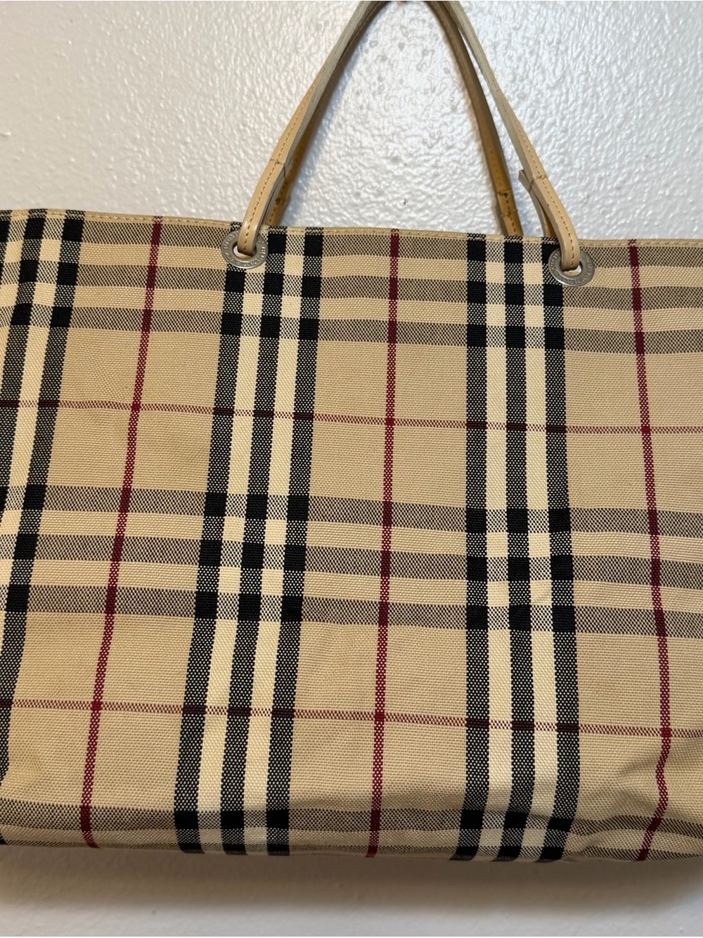 Burberry NOVA CHECK Plaid Canvas Tote with Tan Leather Trim Made in Italy - Picture 7 of 16